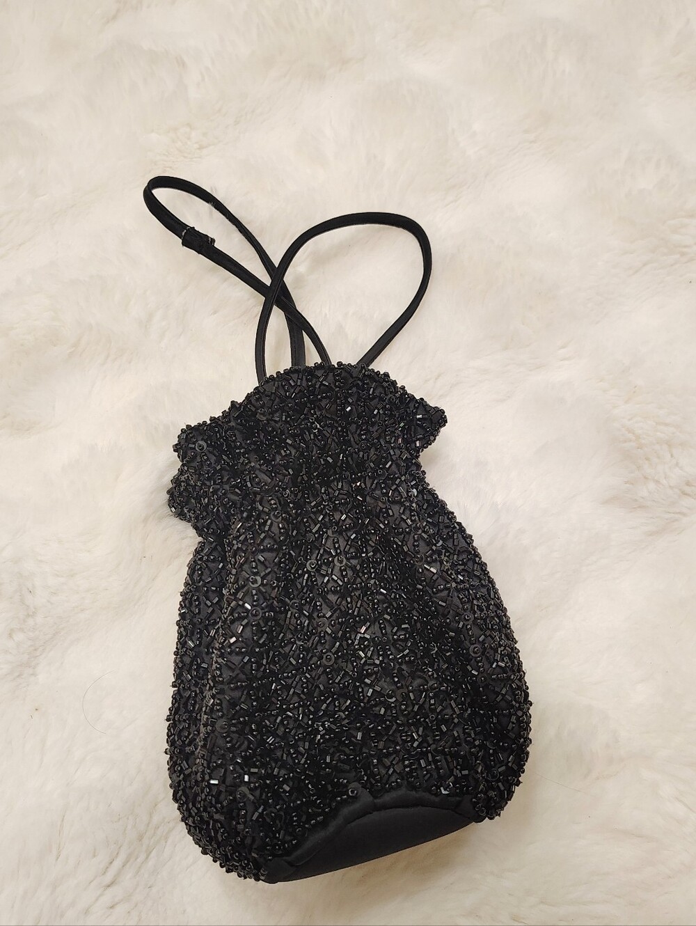 Black Beaded Vintage Drawstring Evening Bag